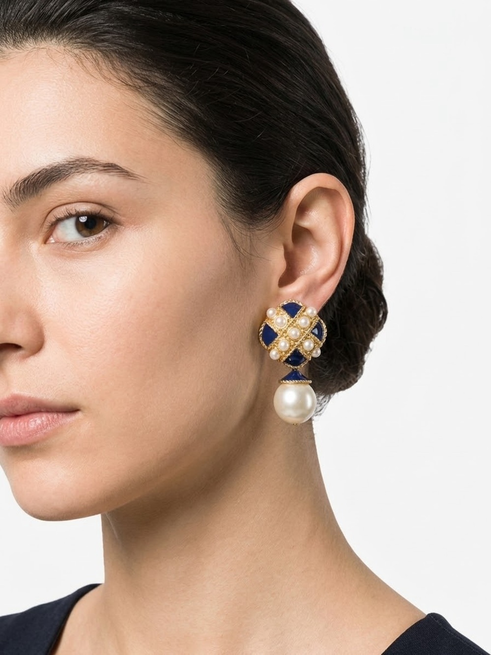 Gold-Tone Navy and Pearl Drop Earrings